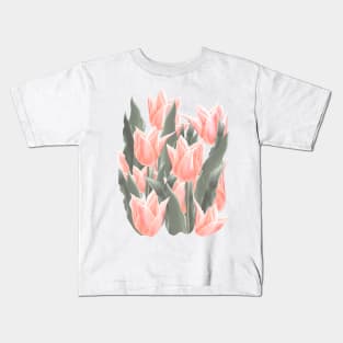 Stylish Peach Tulips Flowers Watercolor Illustration, coral pink color background Kids T-Shirt